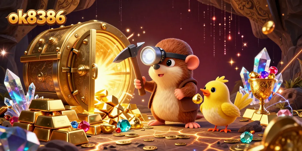 Victory at ok8386: Treasure hunter mole and canary uncover treasures in a vibrant casino cave.