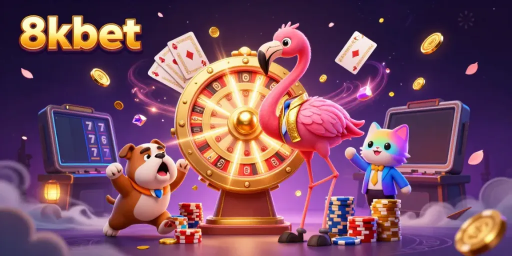Experience the excitement of 8xbet with a lively 3D casino scene showcasing dynamic game elements and vibrant characters.