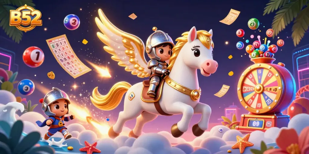 B52 casino illustration featuring a celestial horse and knight amidst vibrant lottery elements, showcasing an engaging gaming experience.