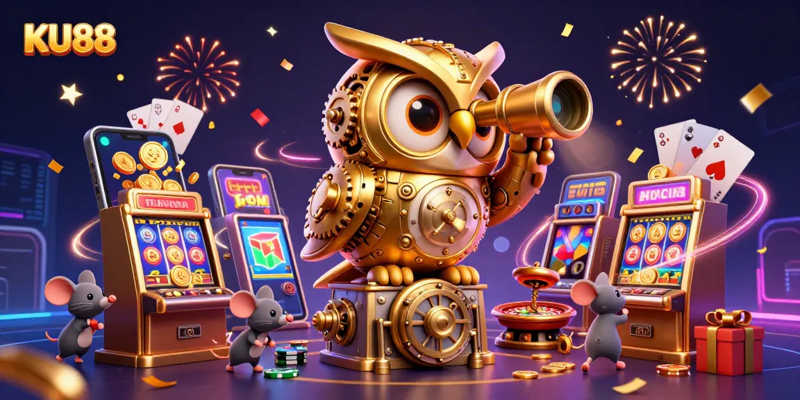KU88 slots and casino games illustrated in a vibrant scene with a golden owl and dynamic game elements.