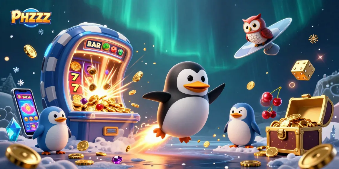 Experience the thrill of gaming with PHZZZ as a golden penguin navigates a casino-themed universe.