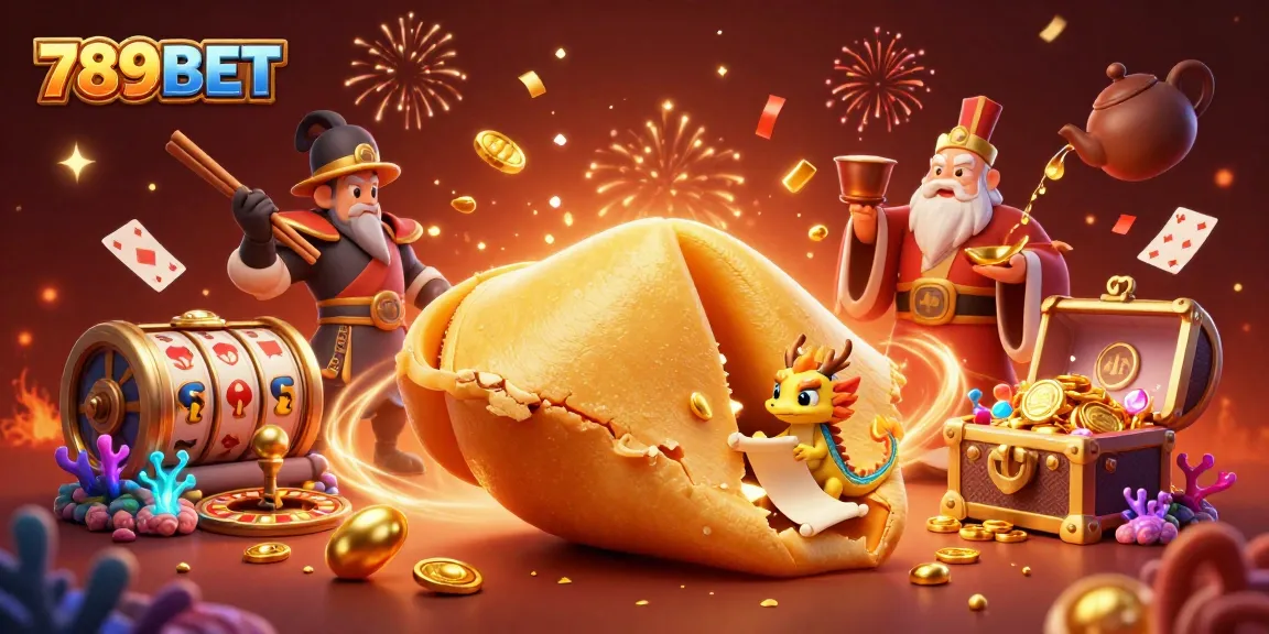 Experience the excitement of 789BET in this dynamic casino scene filled with fortune cookies, a wise dragon, and vibrant gaming elements.