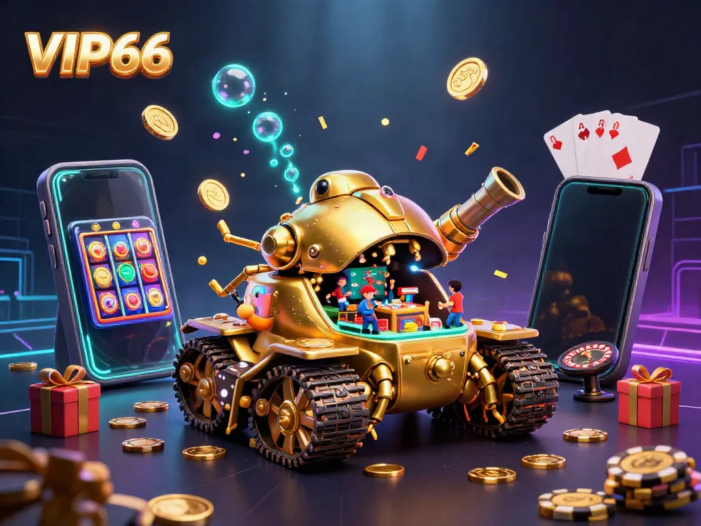 Engage in the thrilling world of VIP66 casino with vibrant visuals of a golden beetle tank showcasing exciting games.