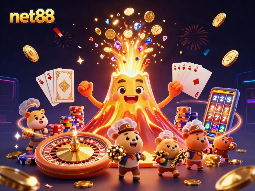 Engage with net88 as a golden volcano erupts treasure in a dynamic gambling scene.