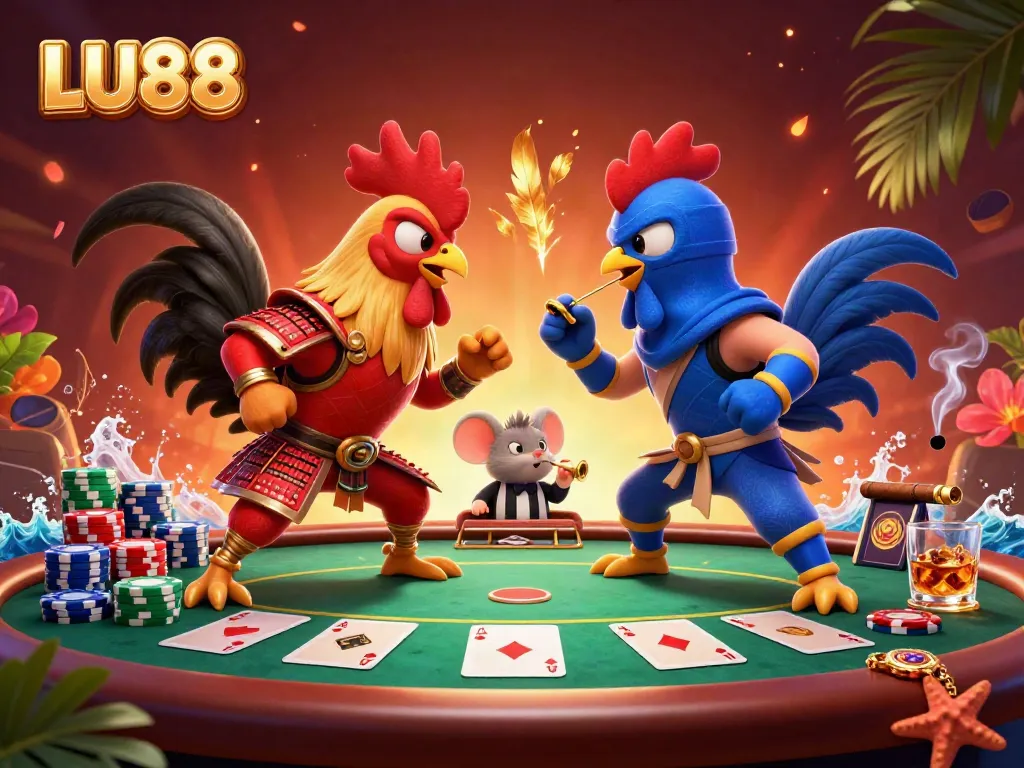 LU88 features twin cartoon roosters in a standoff above poker elements, showcasing vibrant casino energy.