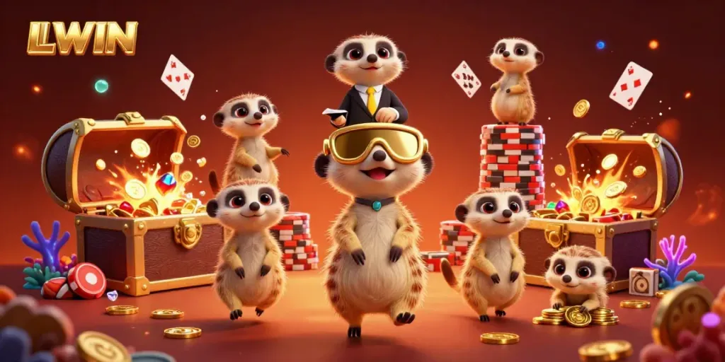 Engaging 3D scene of meerkats operating a casino, showcasing LLWIN's gaming excitement.