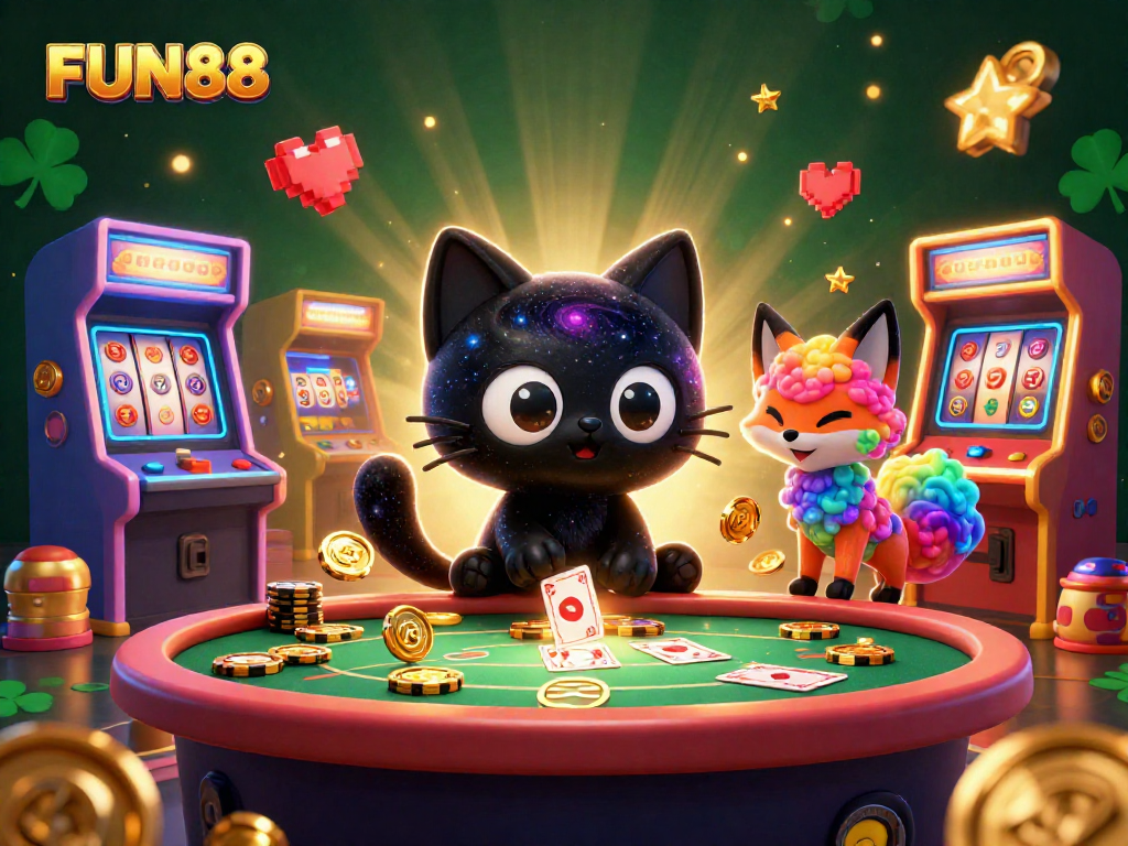 Engage with FUN88's cosmic casino featuring a black hole cat and nebula fox among vibrant slot elements.