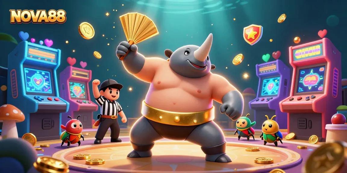 NOVA88 casino scene with dynamic characters, golden coins flying, and vibrant gaming elements.