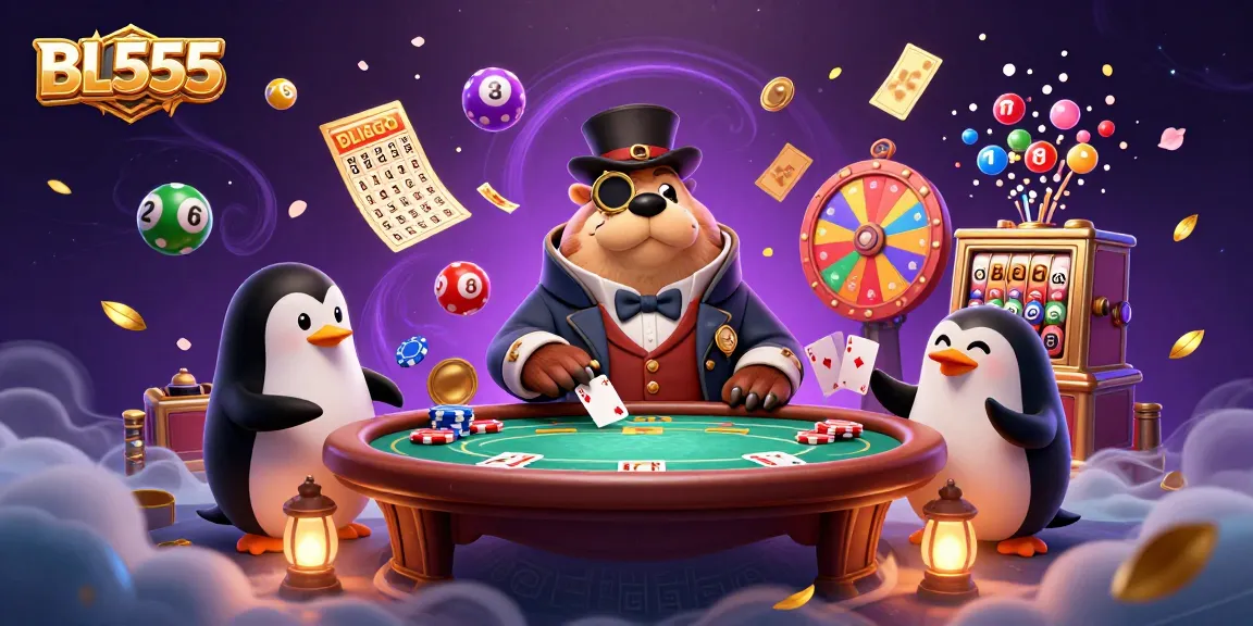 Engaging scene at BL555 with walrus poker player, penguin dealer, and lots of vibrant casino elements.