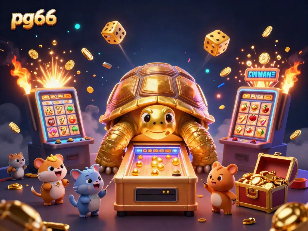 Experience the excitement of pg66 with a dynamic 3D casino scene featuring playful golden tortoise and exploding slots.