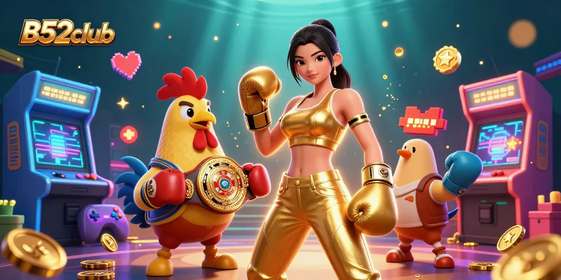 B52club offers thrilling gambling experiences featuring a skilled woman and a championship rooster in an exciting casino scene.