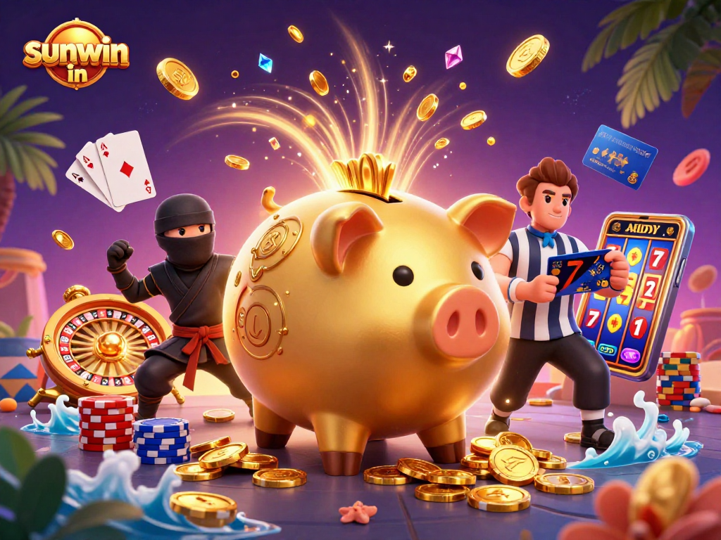 Engage with sunwin in's thrilling action scene featuring a golden piggy bank and characters in an exciting casino setting.