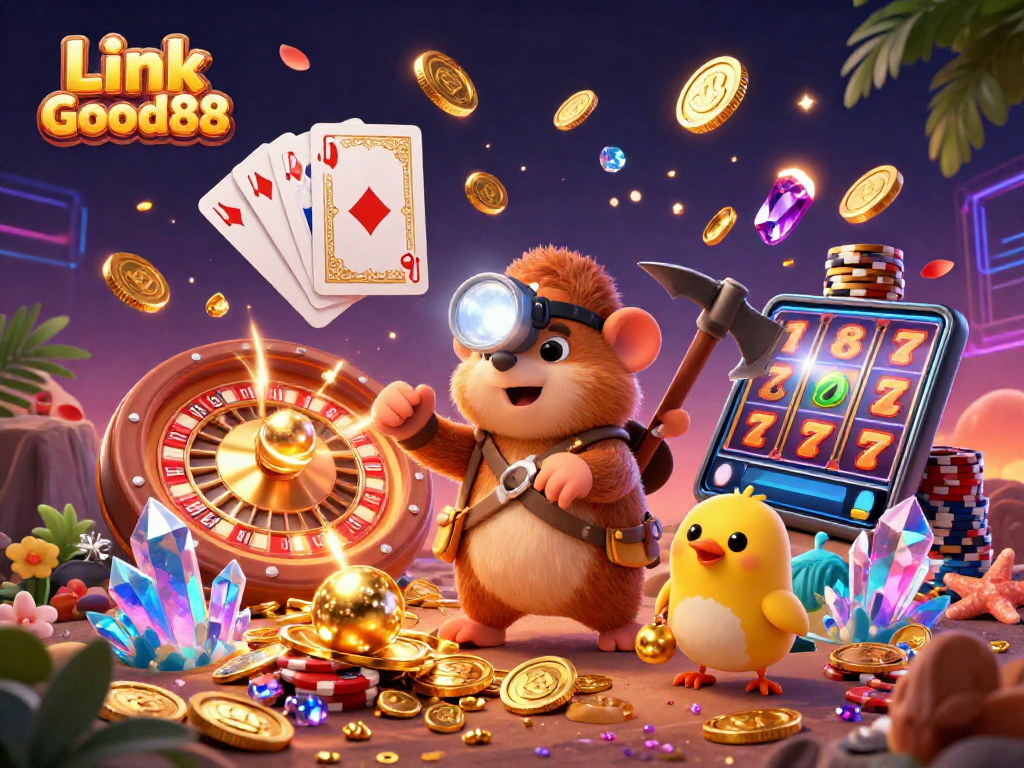 Experience exciting gaming adventures with Link Good88 as a treasure hunter mole digs for gold and gems in a vibrant casino scene.