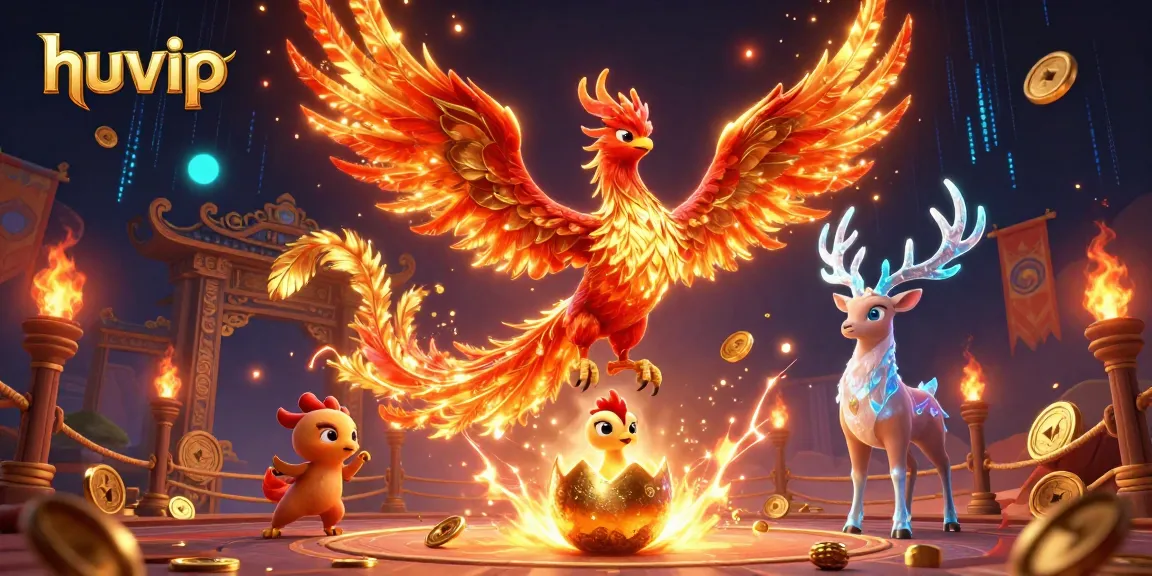 Experience the excitement of huvip with a vibrant illustration of a phoenix, gaming elements, and rich colors.