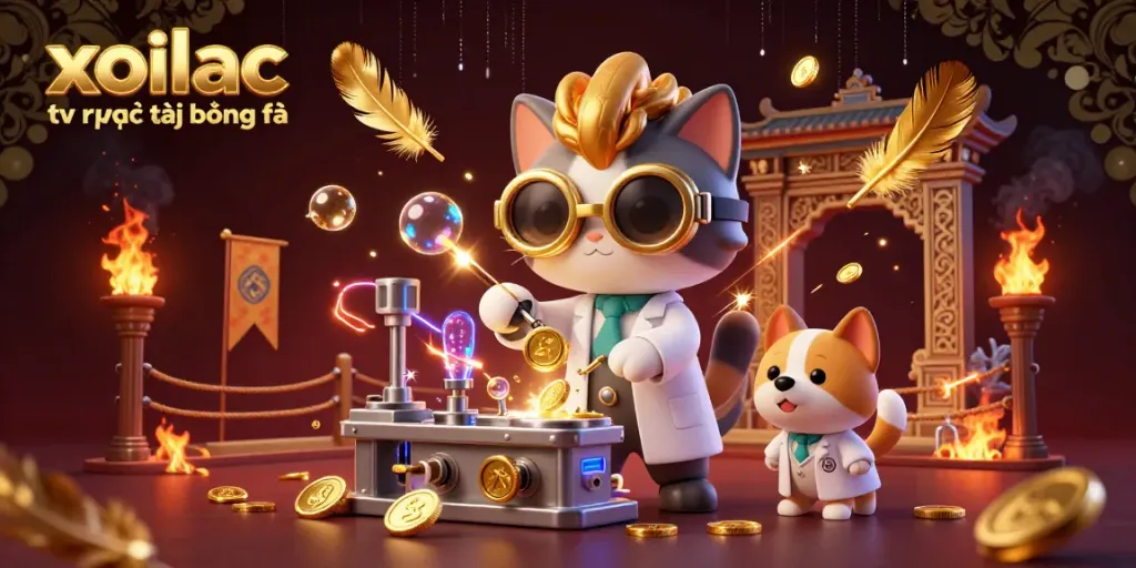 Xoilac TV trực tiếp bóng đá illustration featuring a cartoon scientist cat and dog in a dynamic lab scene with gold coins.
