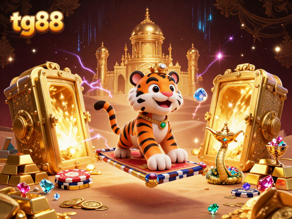 Experience thrilling wins at tg88 with a vibrant 3D casino adventure featuring a tiger sultan and treasures.
