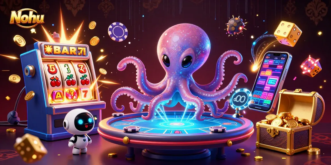Nohu casino illustration featuring a vibrant alien octopus with a holographic poker table and jackpot elements exploding around.