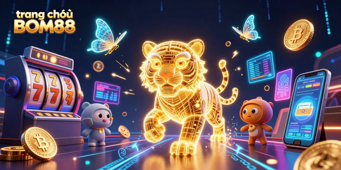 Engage with thrilling games on trang chủ BOM88, featuring vibrant neon elements of a digital casino.
