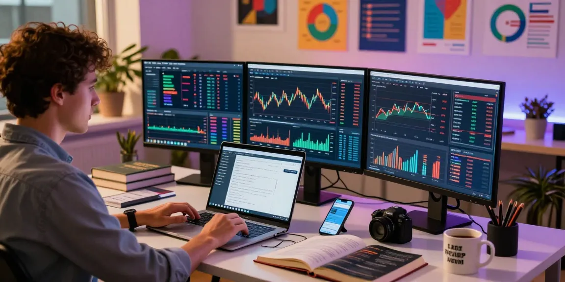 Digital finance workspace featuring dhankubera trading data displays and financial analysis.