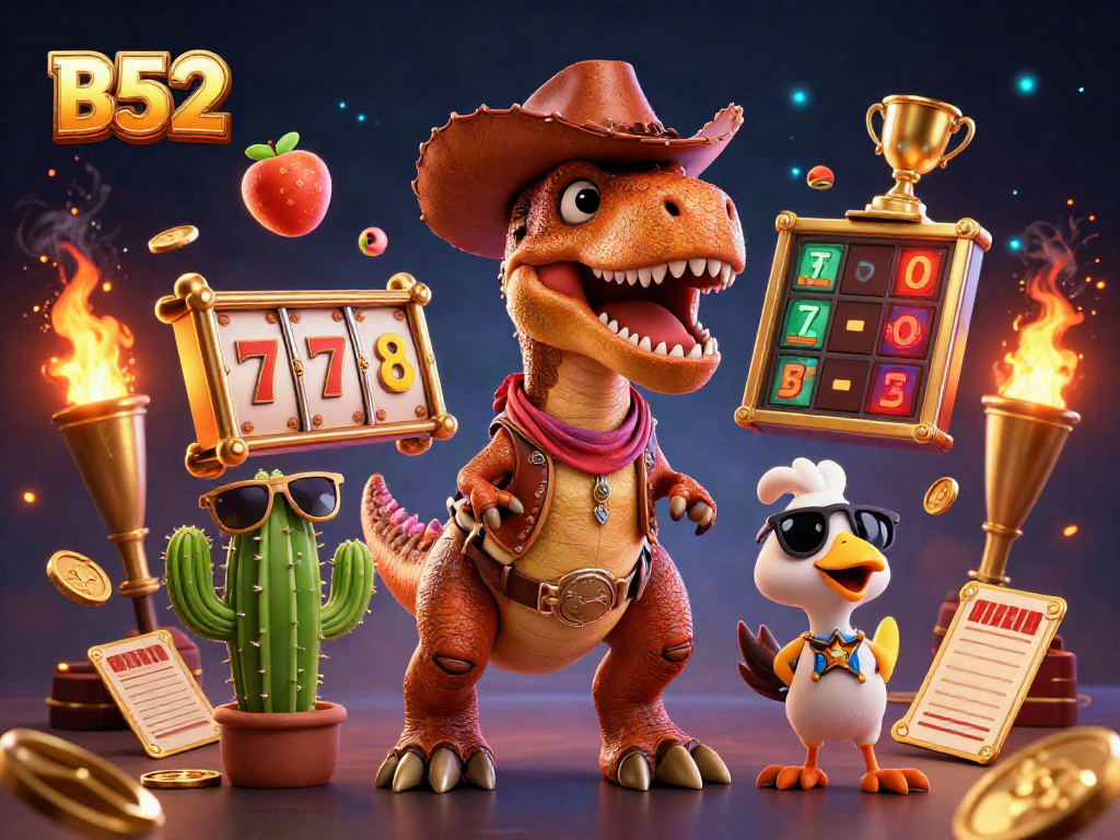 B52 slots illustration featuring a dinosaur, a cactus, and a roadrunner surrounded by vibrant casino elements.