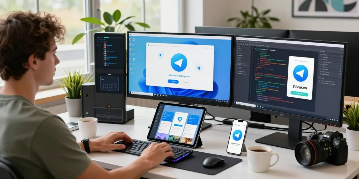Exciting workspace showcasing a user preparing for Telegram Download with multiple devices and vibrant tech elements.