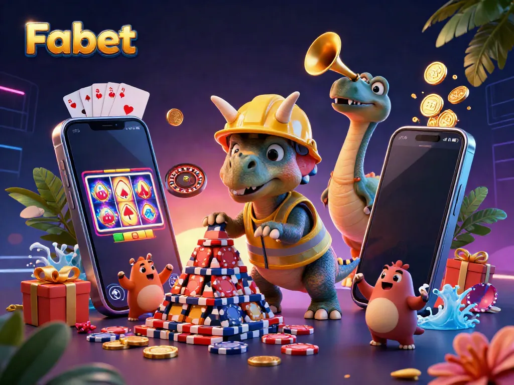 Engage with Fabet's vibrant and dynamic casino experience featuring a triceratops and parasaurolophus celebrating amidst casino games.