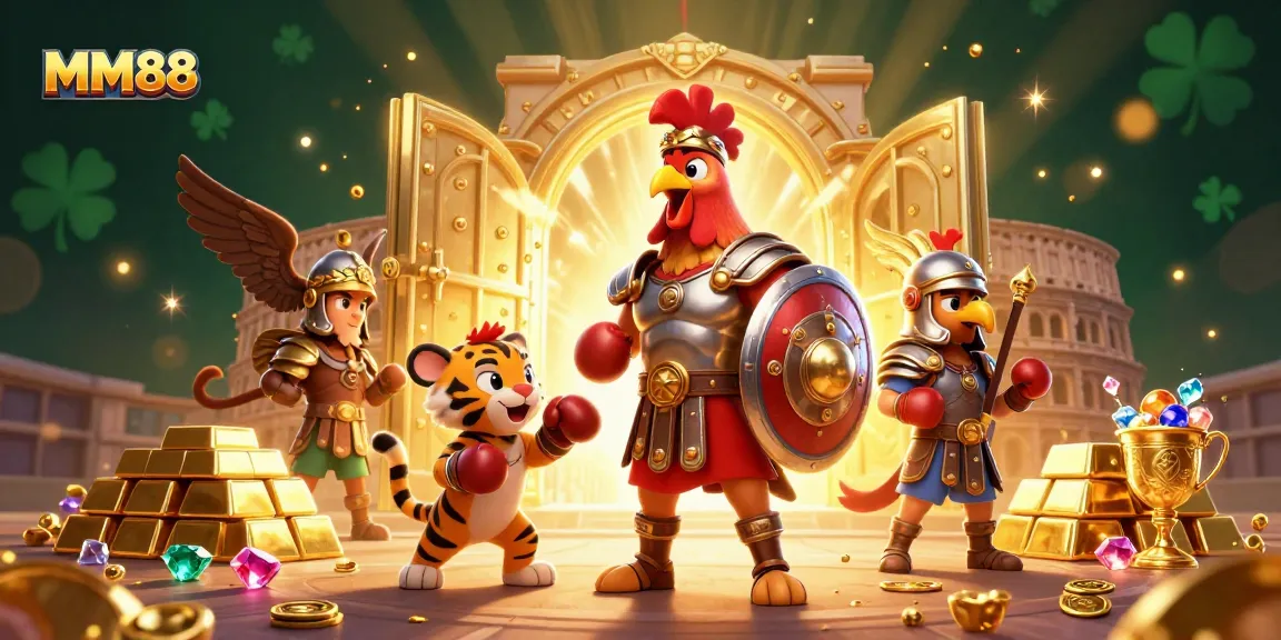 Experience MM88 in a dynamic casino scene with a gladiator rooster and a treasure vault bursting with gold.