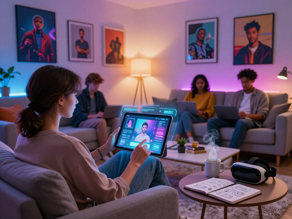 A diverse group engaging with nsfw AI content in a modern living room.