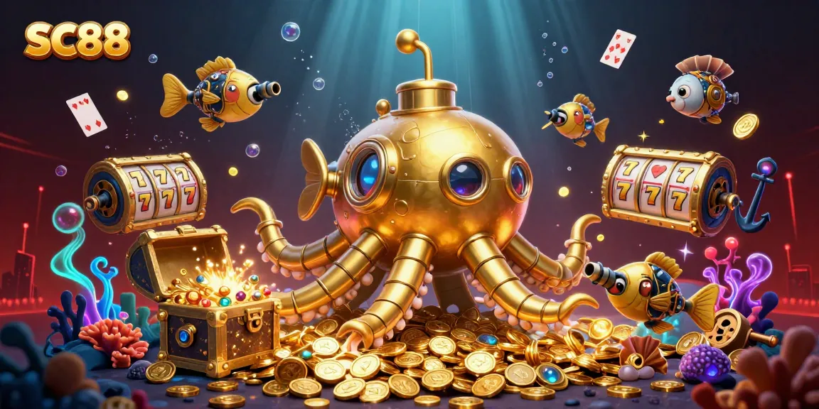 Experience thrilling gameplay with SC88's dynamic casino scene featuring a golden kraken submarine amidst golden coins and slot reels.