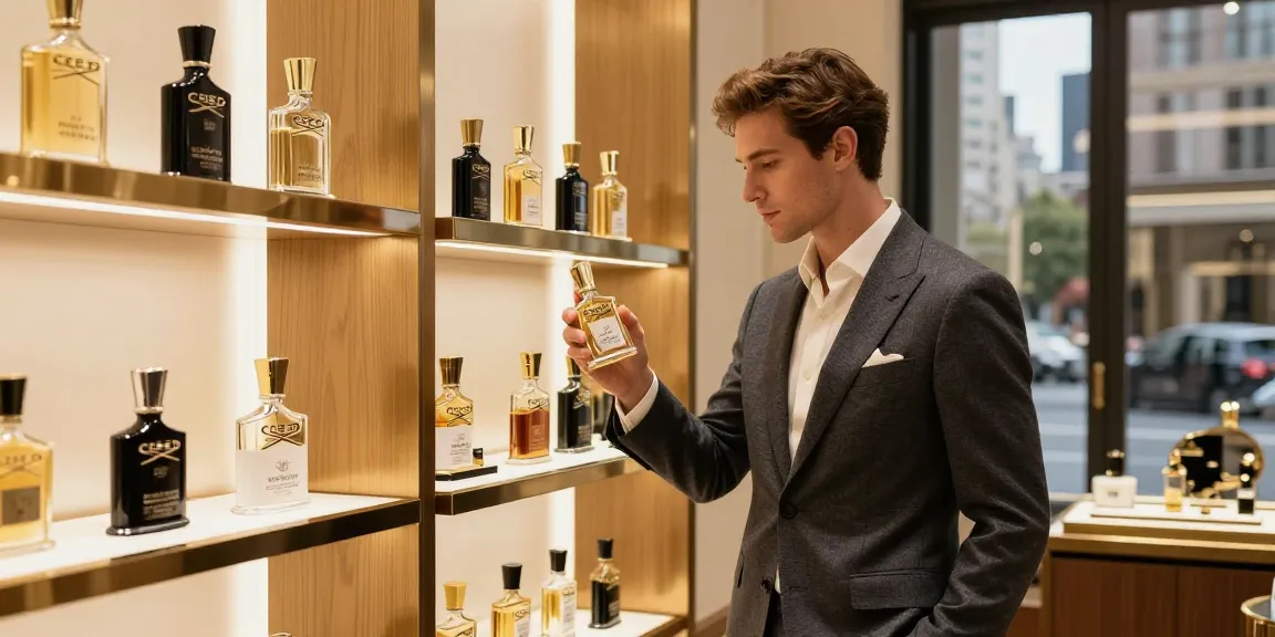 Man sampling Creed (Aventus only) fragrance in luxurious boutique, elegant ambiance.