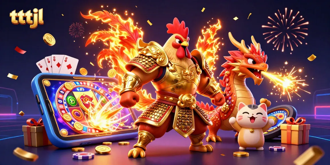 Engage with thrilling tttjl gaming action featuring a rooster warrior amidst vibrant casino elements.