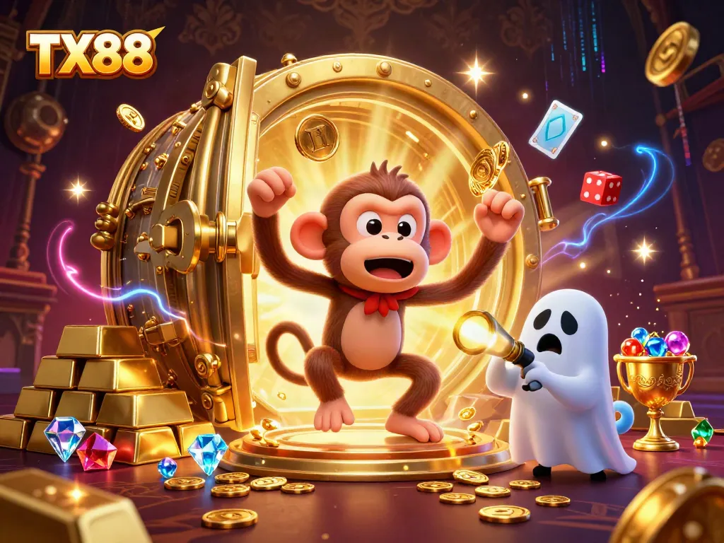 Experience thrills at TX88 with playful characters in a dynamic haunted casino scene.
