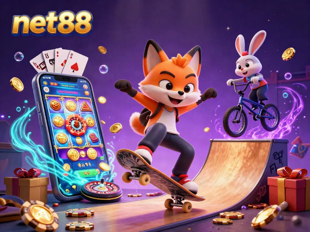 Engage with net88 as the fox performs tricks over poker chips, showcasing vibrant casino elements.