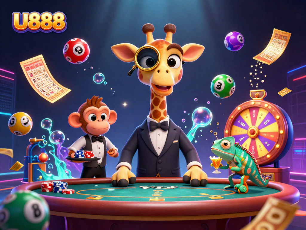 Experience exciting gameplay at U888 with a high-roller giraffe and dynamic casino elements.