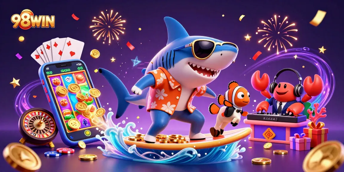 Experience the excitement of 98WIN with a vibrant 3D casino scene featuring dynamic characters and gaming elements.