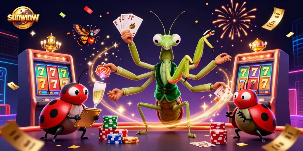 Experience casino excitement with sunwinw, featuring a vibrant cartoon scene of a mantis dealer and ladybug pit boss.
