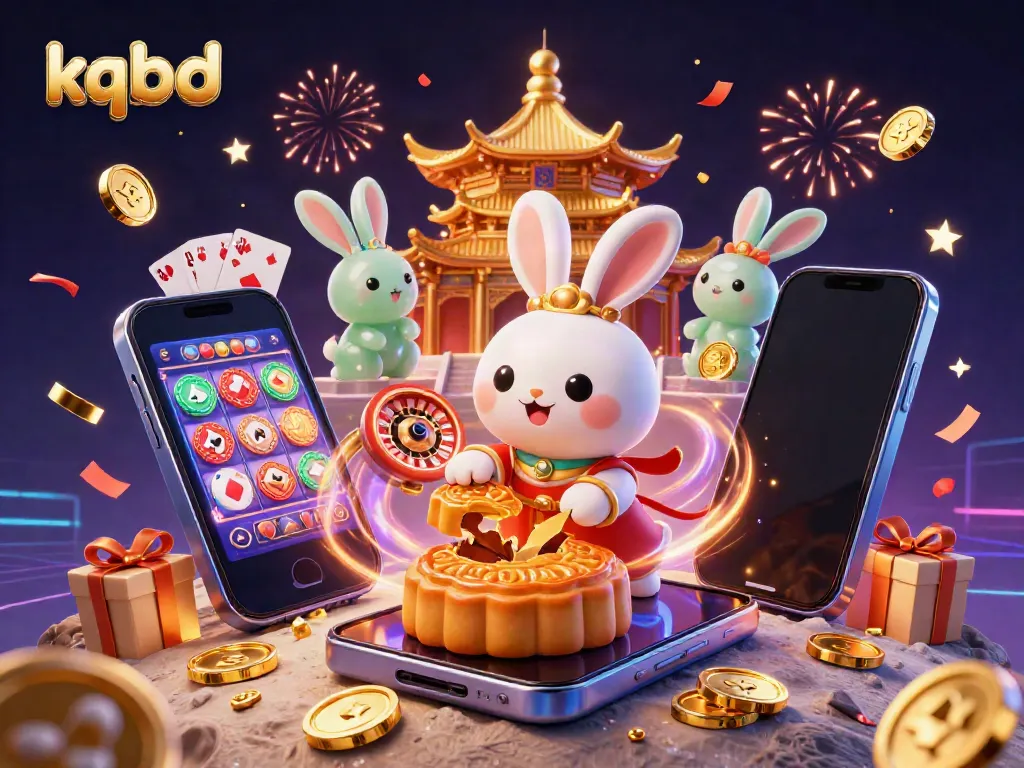 KQBD: Enjoy thrilling gambling action in a vibrant 3D casino-themed scene featuring animated moon rabbits and festive decor.