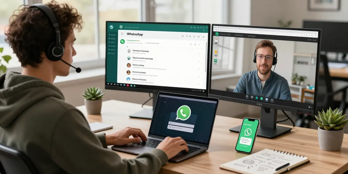 WhatsApp電腦版 user engaging on a desktop at a modern workspace