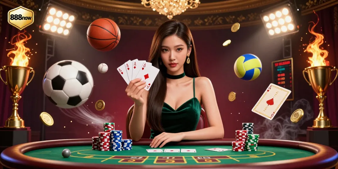Win big at 888now with a photorealistic casino scene featuring a strategic poker player amidst dynamic sports elements.