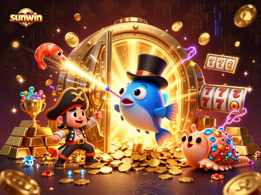 Win big with sunwin in a vibrant casino scene featuring animated sea creatures and glittering treasures