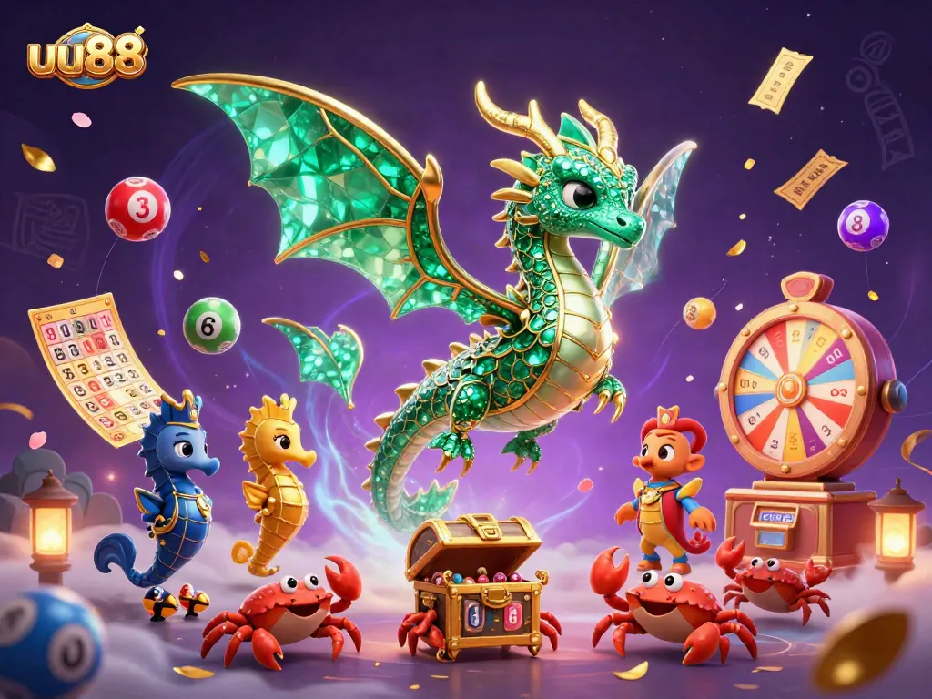 Play exciting games at uu88 with vibrant balls and golden tickets celebrating winnings.