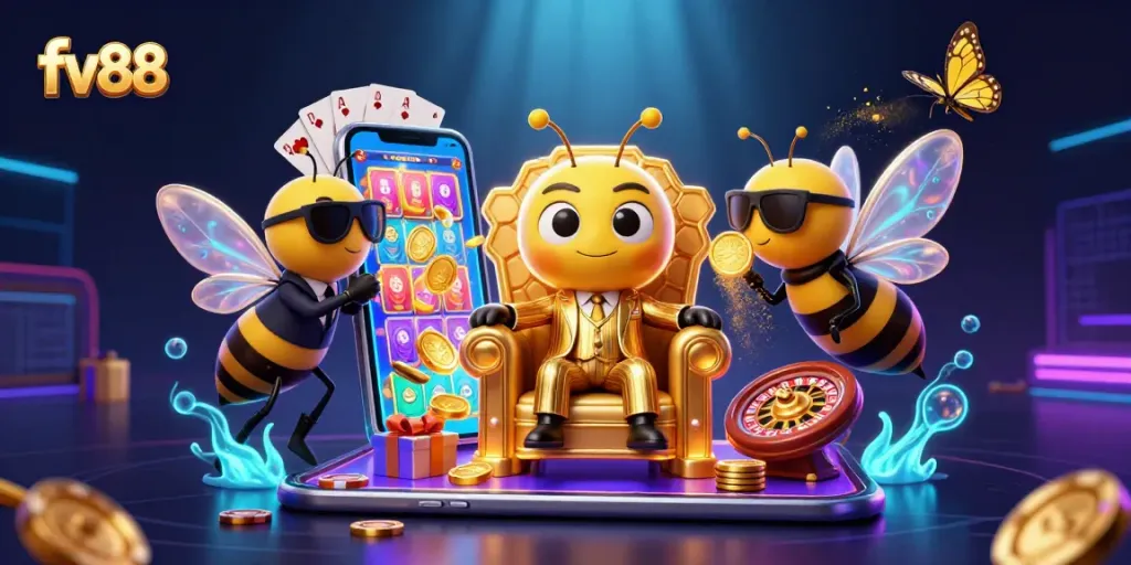 Spin slots and win big with fv88 in this dazzling casino illustration featuring a mob boss