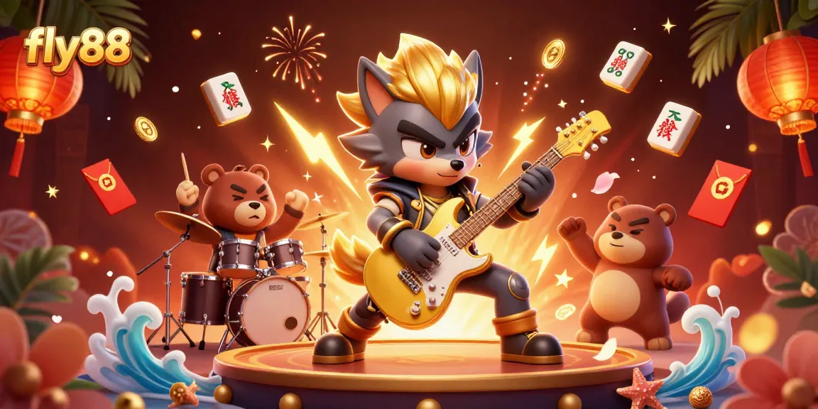 Experience the excitement of fly88 with a vibrant casino stage featuring animated characters and gambling elements.