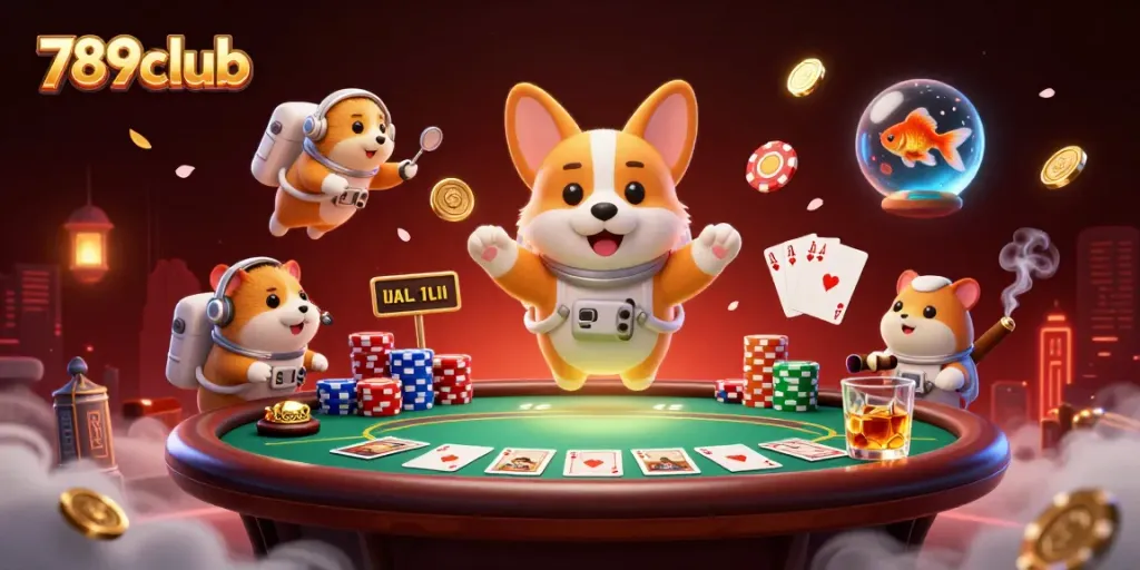 Play poker with 789club's 3D illustrated characters in a dynamic casino scene with floating coins.