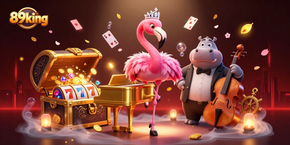 Experience the excitement of 89king with vibrant casino characters amidst slot reels and treasures.