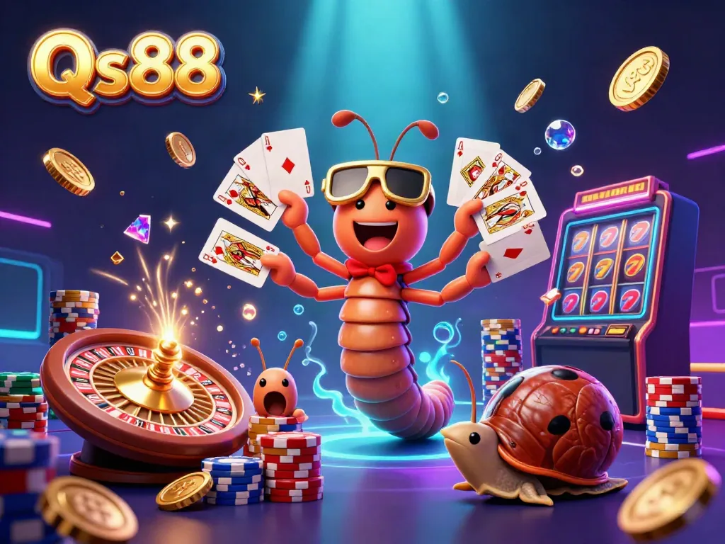 Experience Qs88 online casino adventures with a whimsical dealer and high-roller surrounded by vibrant gaming elements.