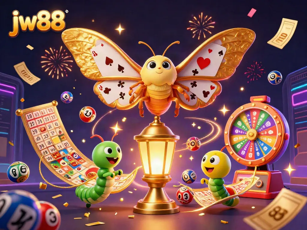 Engage with the thrilling world of jw88 online casino, illustrated with vibrant lottery balls and golden tickets.