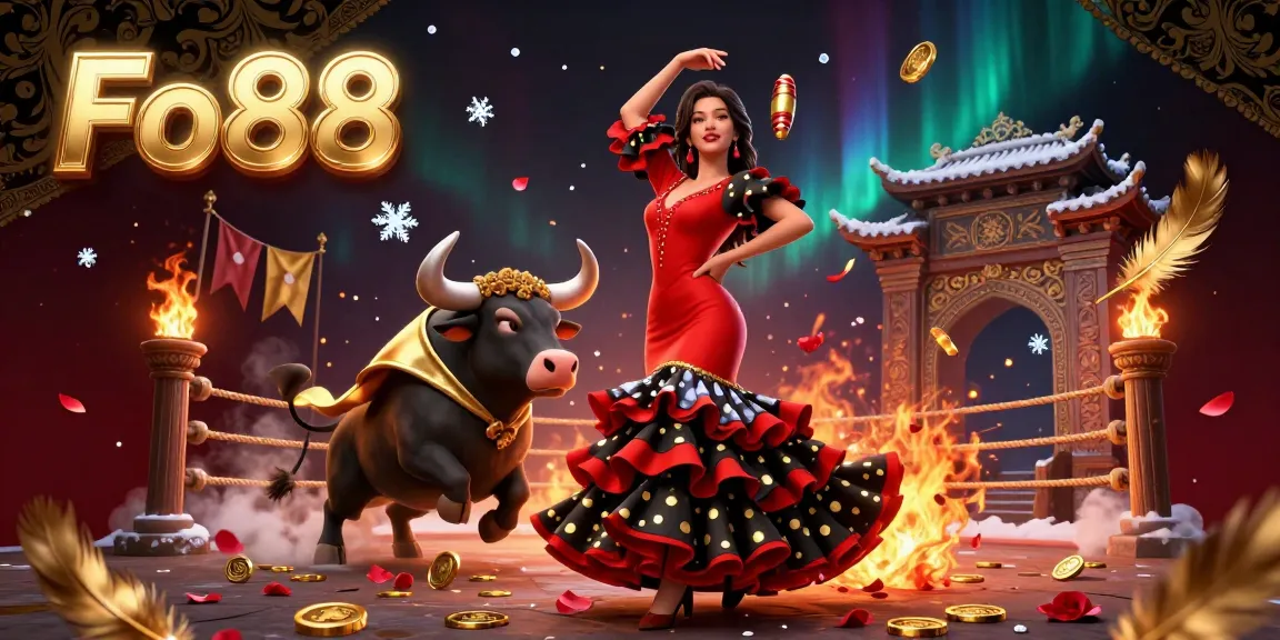 Fo88 engages players with a vibrant 3D fiesta scene featuring a flamenco dancer, a cartoon bull, and swirling gaming elements.