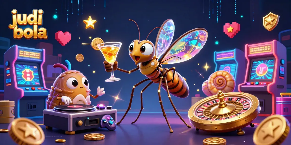 Experience judi bola with a vibrant 3D casino scene featuring a mosquito mascot, trilobite DJ, and golden roulette wheel.