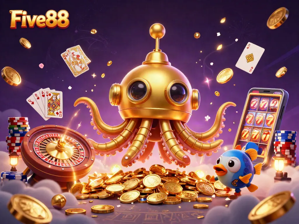 Bet on thrilling games at Five88 with a spectacular 3D illustration capturing casino excitement.